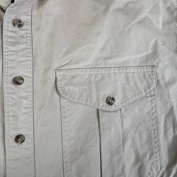 Filson Shooting Shirt Men XL Tan Khaki Canvas Hunting Elbow Patch Button Padded - Picture 6 of 15